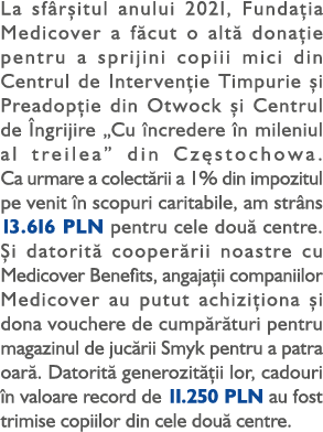 La sf r itul anului 2021, Funda ia Medicover a f cut o alt dona ie pentru a sprijini copiii mici din Centrul de Inte...